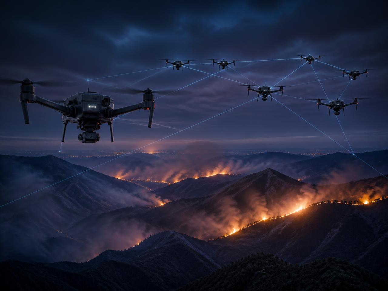 Coordinated drone network flying above a burning mountain landscape