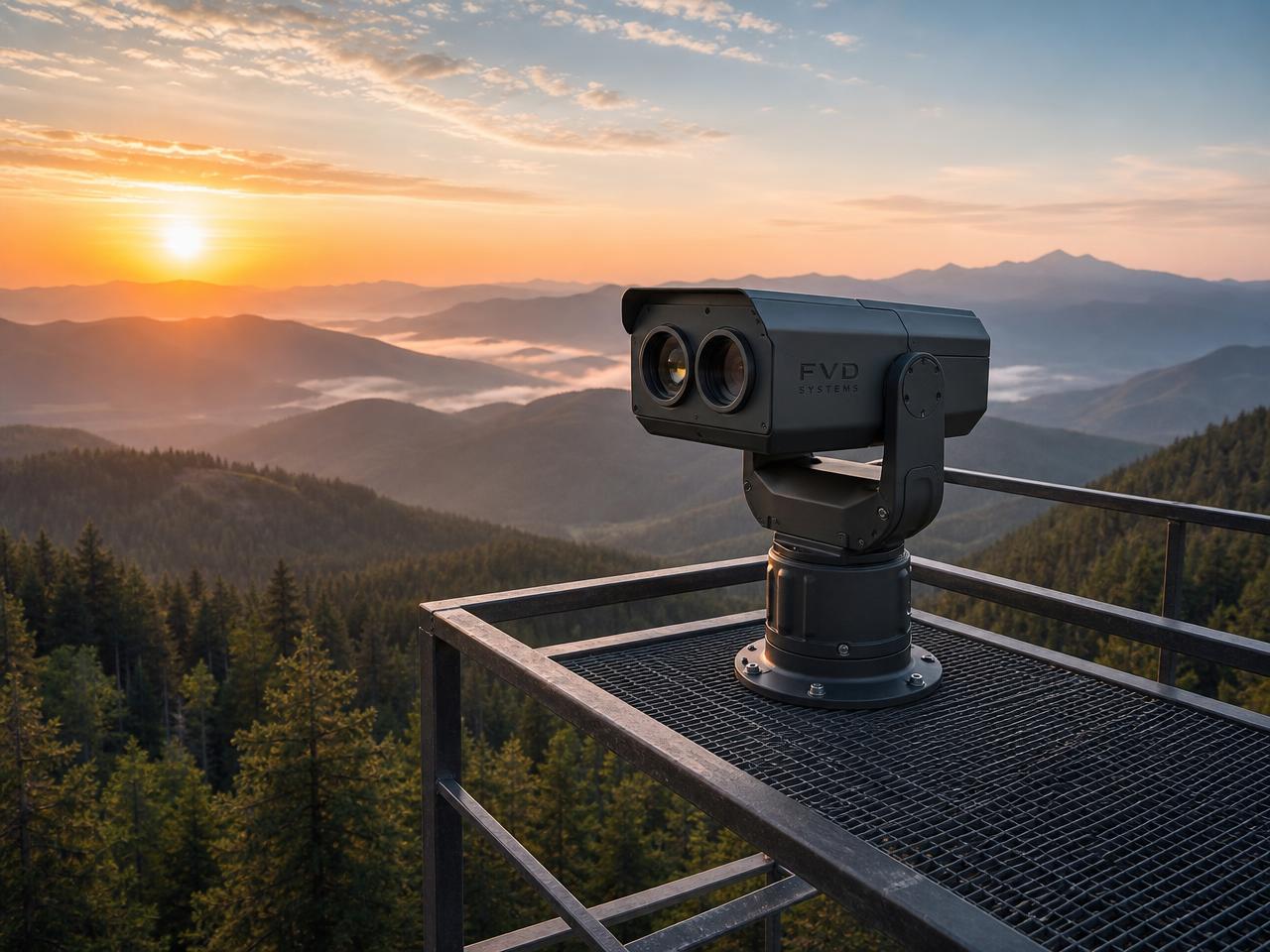 Compact FVD Vision detection camera on a watchtower above a forested landscape