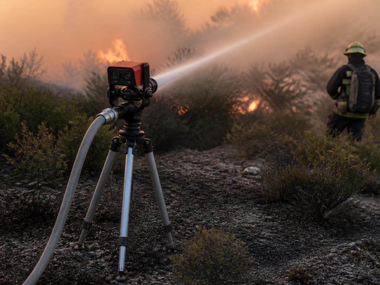 Transportable autonomous suppression unit on a tripod projecting a water stream